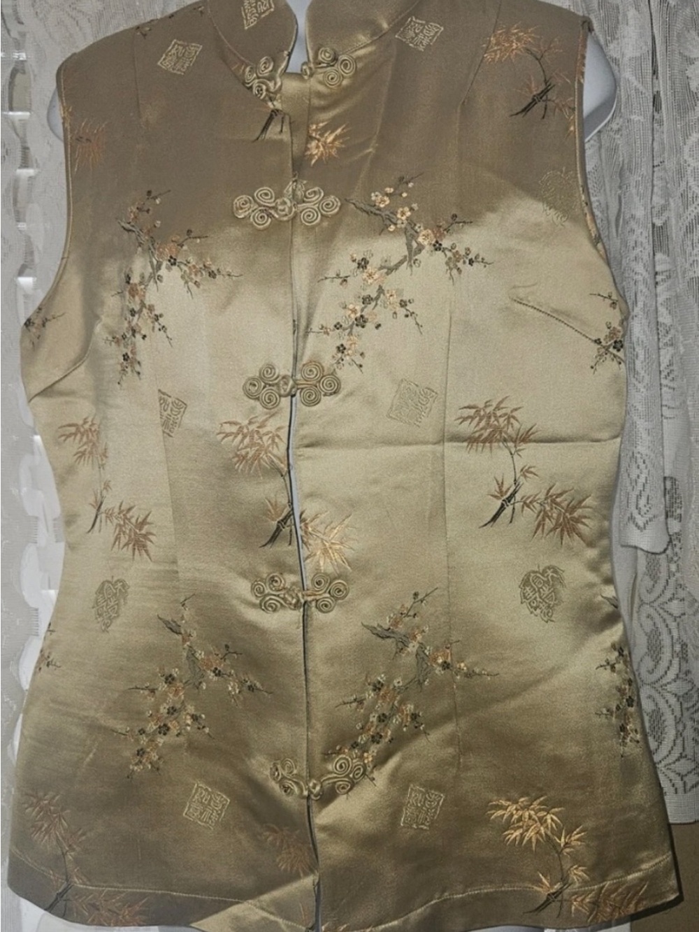 Vintage Chinese Silk Blend Mandarin Collar Frog Closure Embroidered Vest Top L M